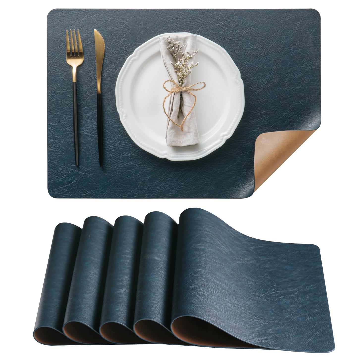 Placemats Set of 6, DOLOPL Reversible Dual-Color Faux Leather Place Mats 17"x11.8"– Waterproof, Heat Resistant, Washable & Wipeable, Luxury Retro Style for Kitchen, Dining Table (Camel/Navy Blue)