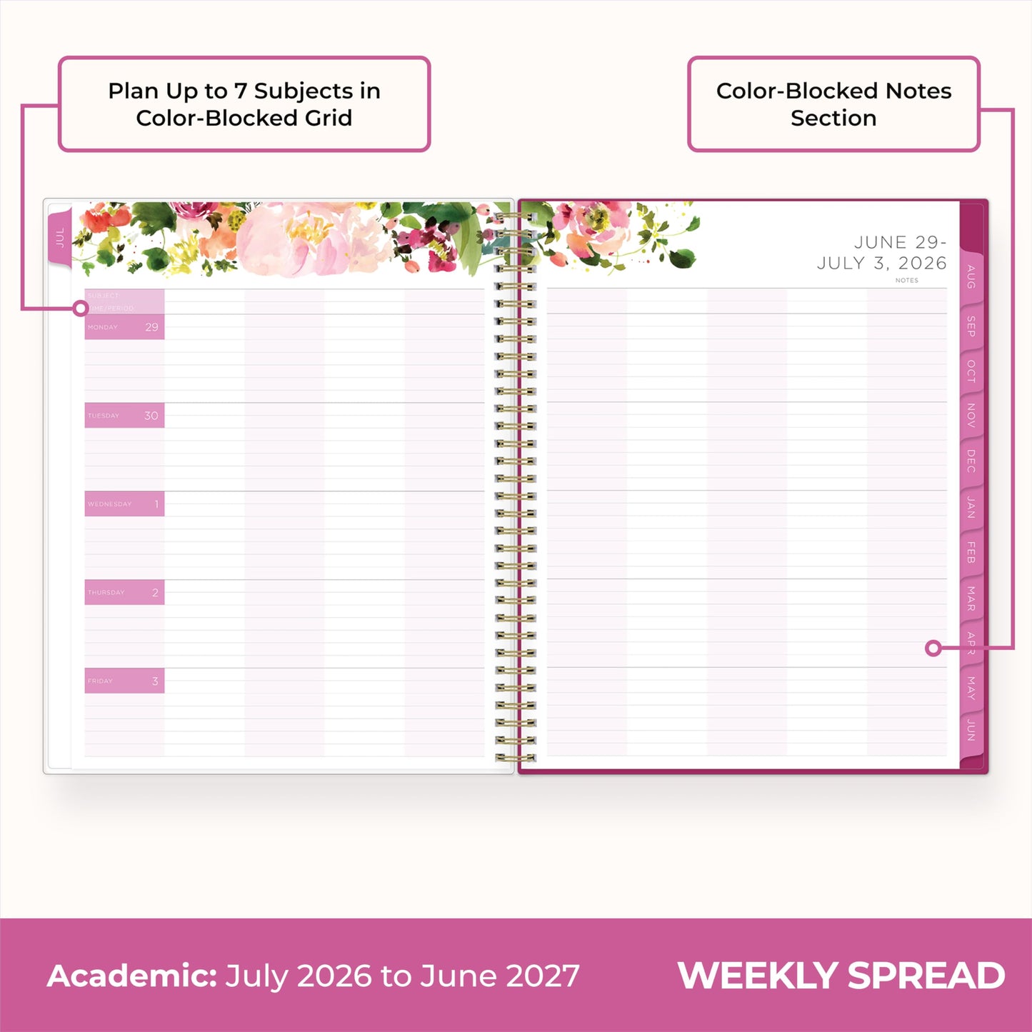 Blue Sky Kelly Ventura 2026-2027 Weekly and Monthly Academic Year Teacher Lesson Planner Calendar, July 2026 - June 2027, 8.5" x 11", Flexible Cover, Wirebound, Laminated Tabs, Storage Pocket, Magnetic & Snap In Book Marks, Includes Stickers, Summertime B