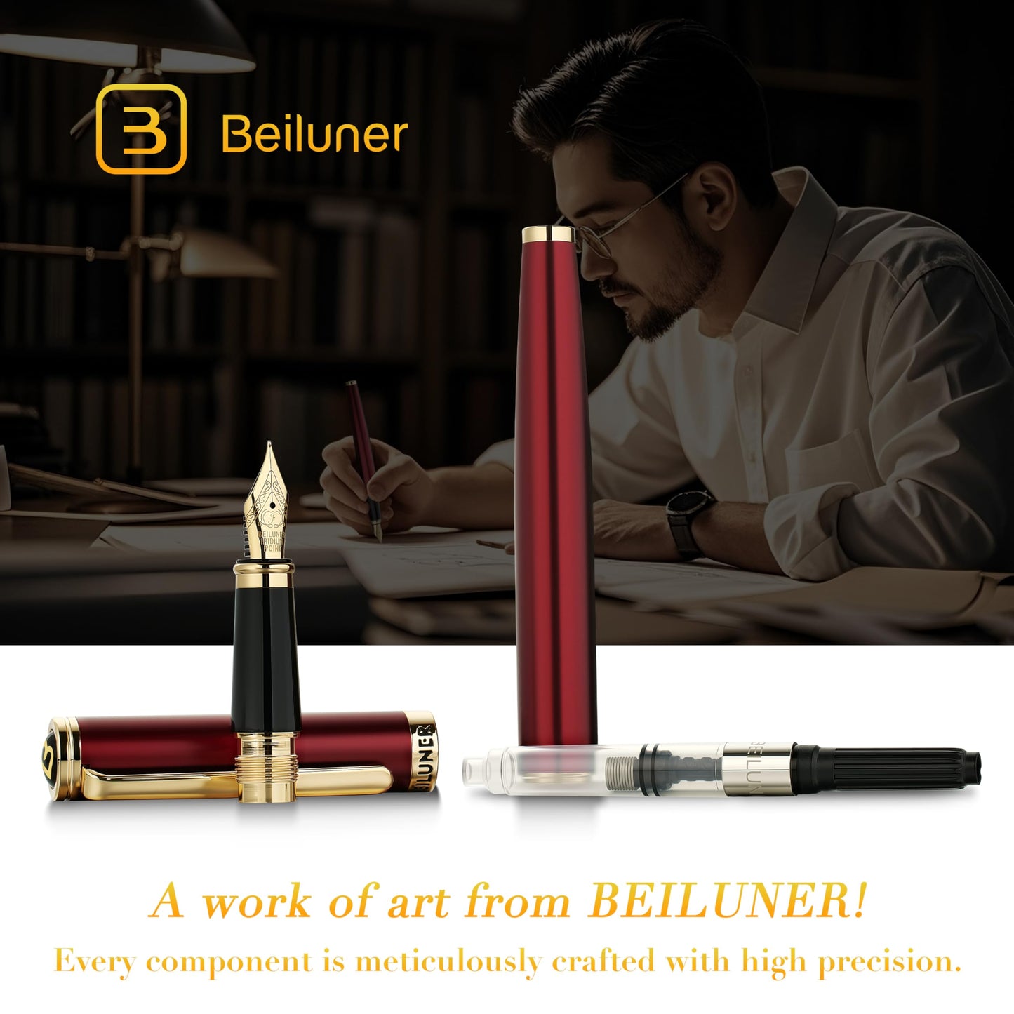 BEILUNER Red Fountain Pen,Stunning Luxury Pens with 24K Gold Finish, Gorgeous 24K Gilded Nib(Fine), Trustworthy Pen Gift for Men&Women -Ink Converter-Elegant,Graduation,Office,Nice Pen for Writing