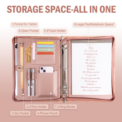 Calfinder Padfolio for Women,Embossed Leather 3 Ring Portfolio Binder,Business Portfolio Organizer with Tablet/Documents Holder,Leather Pink Padfolio Binder for Interview/Office,Valentine's Day Gift