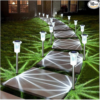 DenicMic Solar Lights Outdoor 10 Pack Waterproof 6000K Cold White LED Stainless Steel Stake for Pathway Yard Garden Driveway Solar Powered Outside Christmas Decor