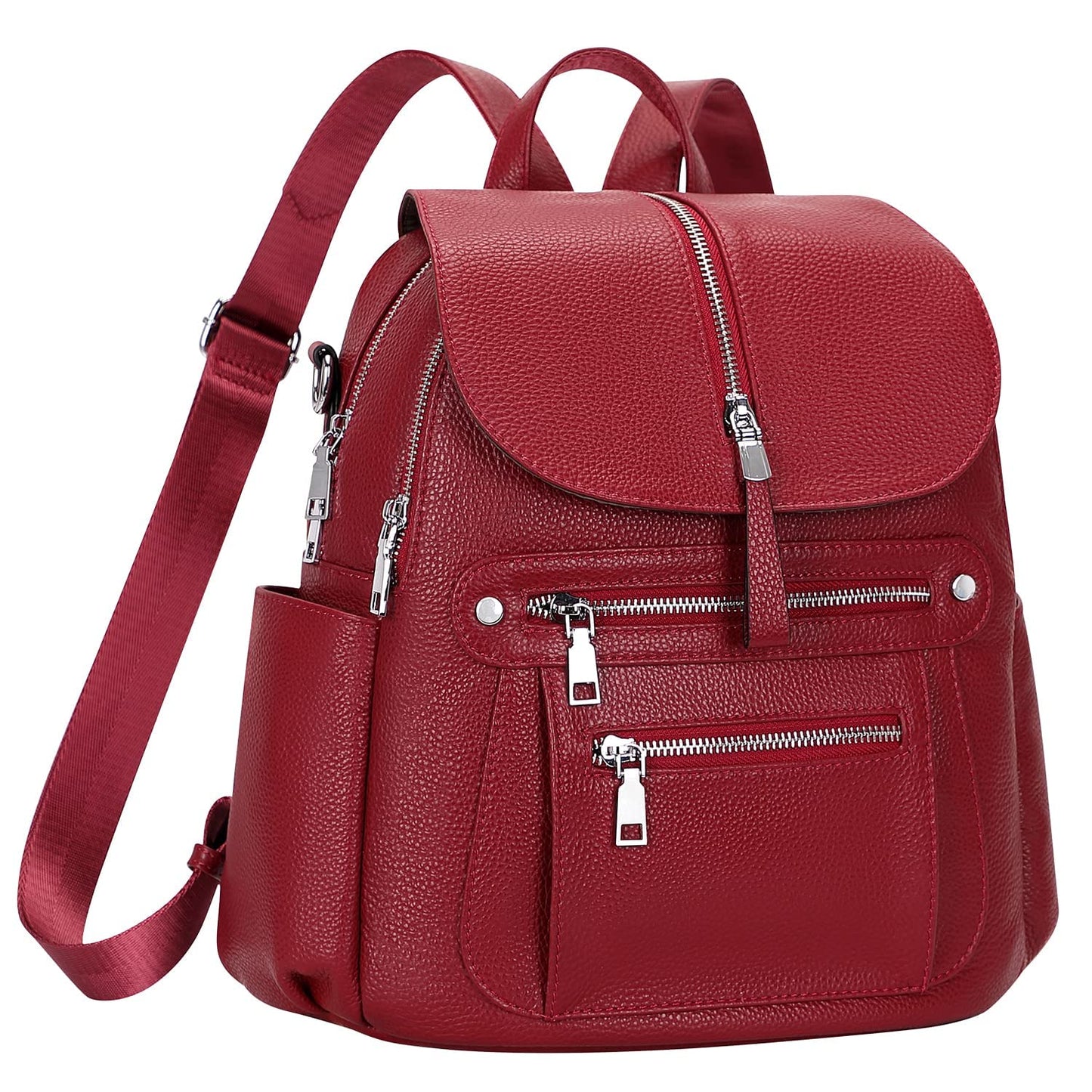 ALTOSY Leather Backpack Purse for Women Fashion Casual Handbag with Multi Pockets and Flap (S107 Wine Red)
