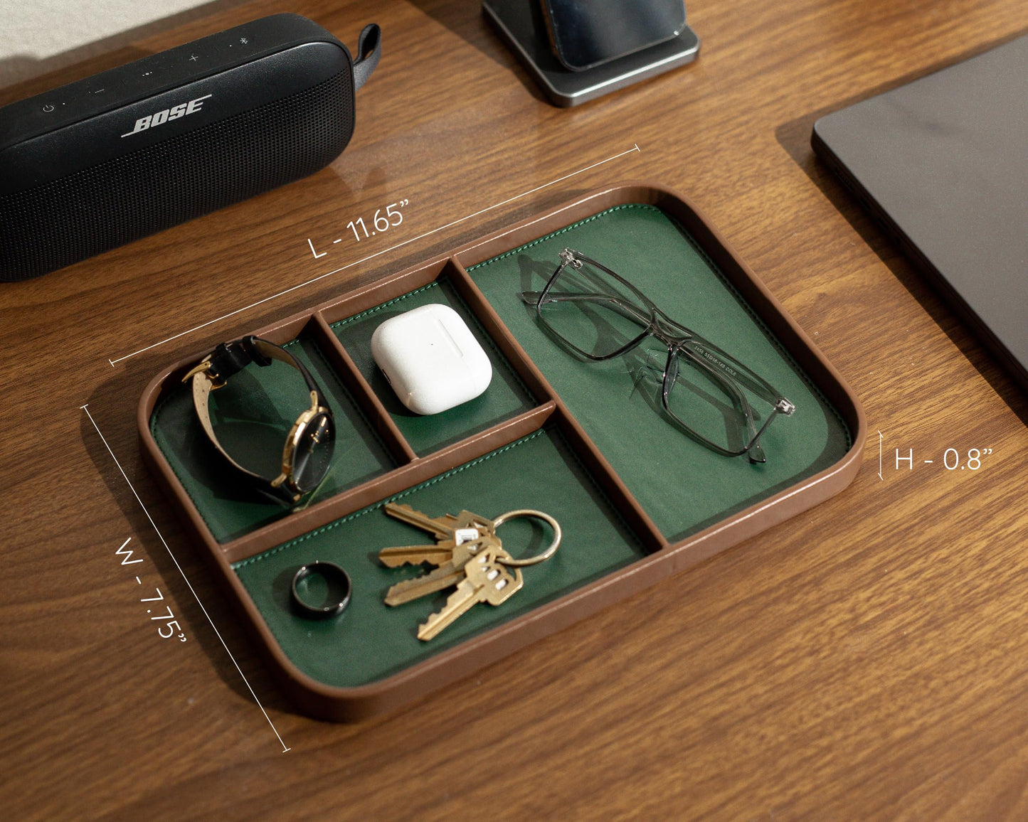 MUUJEE Leather Catchall Multitray (Design 3) - 11.65 x 7.75 x 0.8, Nightstand Entryway Bedside Dump Tray Valet Organizer for Keys Phone Wallet Watch Glasses Pens, Office Desk Accessory for Men, Green