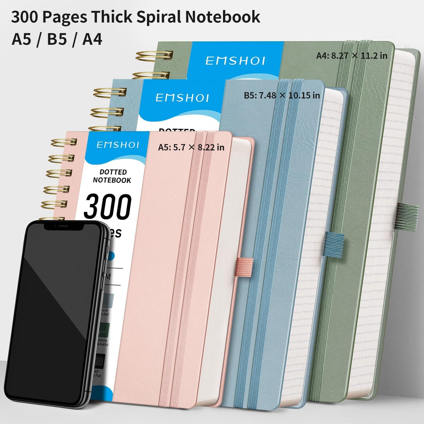 EMSHOI Dotted Journal Spiral Notebook - 300 Pages, B5 Hardcover Leather, 100 GSM Thick Dot Grid Notebook for Women Men Work Writing, Journaling, Drawing, 7.48" x 10.15", Gray Blue