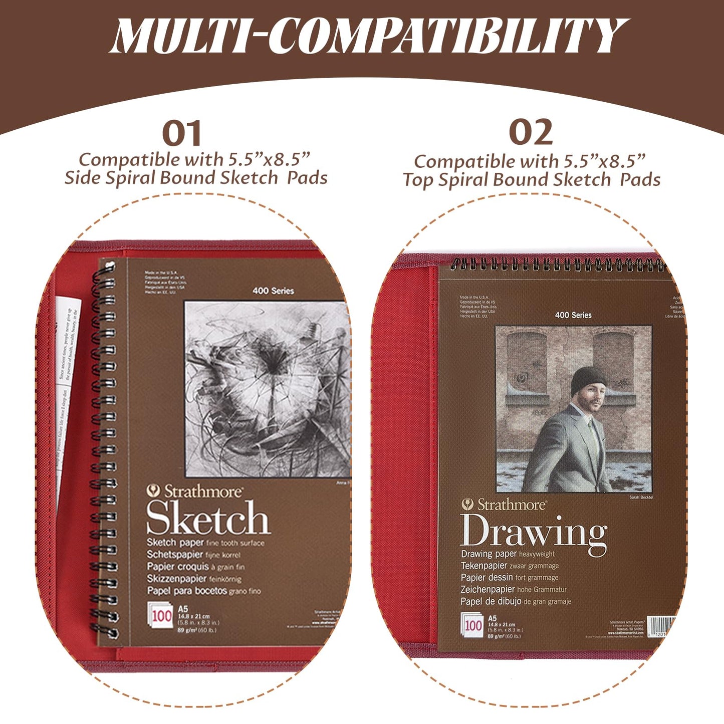 Plinyvel Travel Sketch Case & Cover: Leather Organizer Fits 5.5x8.5 Sketch Book & Spiral Pad | All-in-One Art Kit with Pencil Holder | Compact for Artists, Beginners & Travel (Red