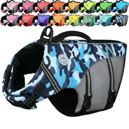 VIVAGLORY Dog Life Vest Sports Style Dog Swim Vest, L, Camo Blue