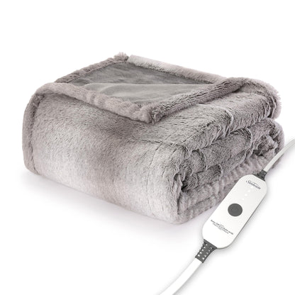 Sunbeam Electric Throw Royal Faux Fur Heated Blanket, 4 Heat Settings, 4-Hour Auto Shut-Off, Fast Heating, Rich and Ultra Silky, White/Grey Color, 50" x 60"