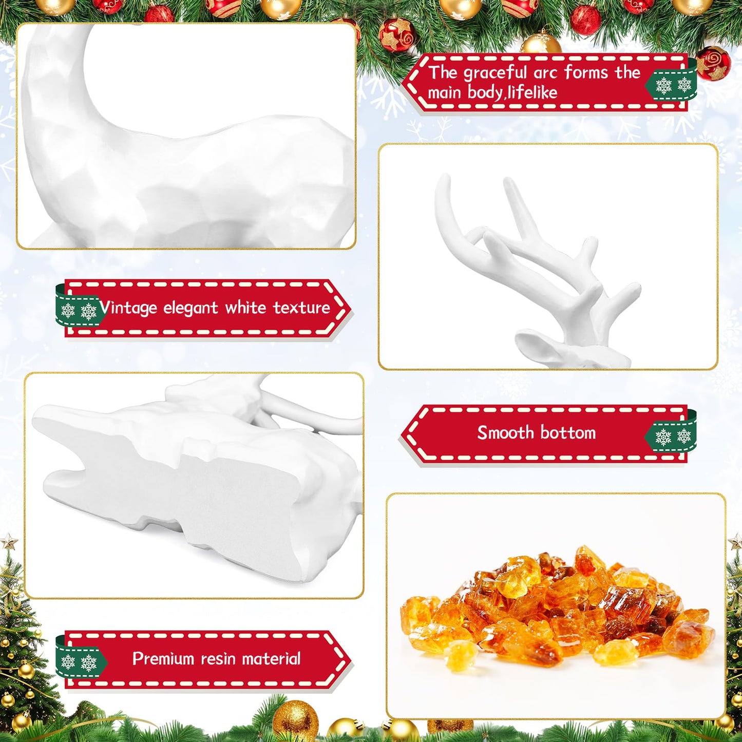 4-Piece White Christmas Tree Figurines and Resin Elk Sculpture Winter Reindeer Decor Resin Christmas Trees,Tabletop Tree Artificial Animal Crafts for Indoor Home Decor,Tabletop Mantle Cabinet Desktop