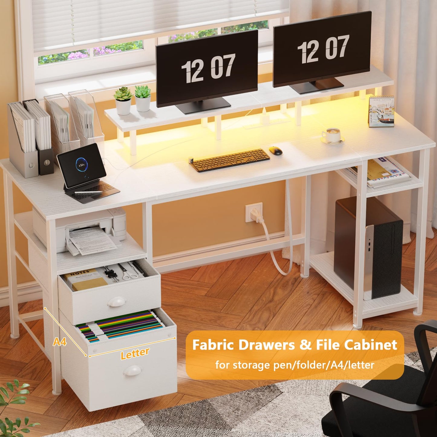 Furologee 61" Desk with LED Light & Power Outlets, Reversible Computer Table with File Cabinet & Drawer, White Gaming Desk Writing Table with Dual Monitor Stand, for Home/Office/White