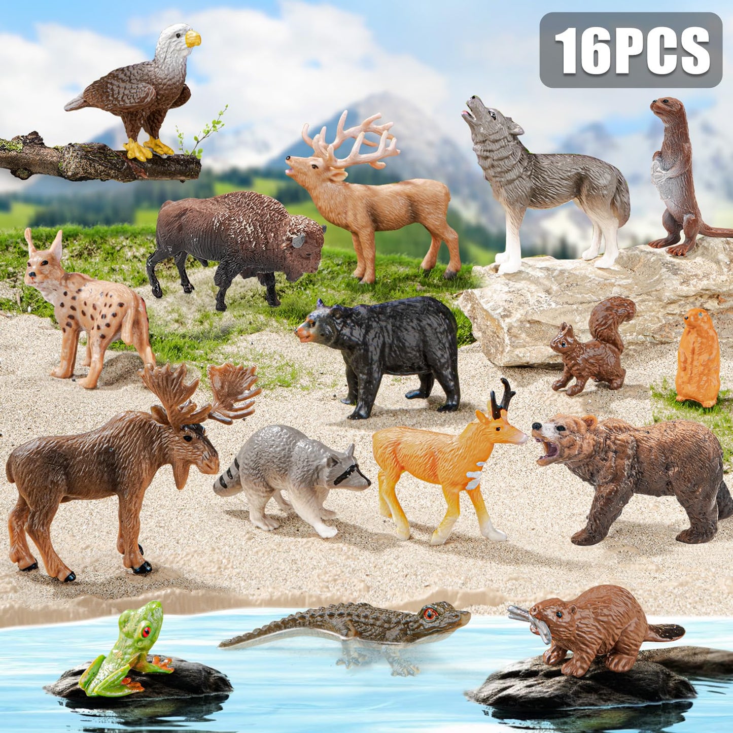 THINKBAY 16PCS Mini North American Forest Woodland Animals Figurines Toys, Realistic Jungle Wild Animal Figures with Wolf,Bear,Bison,Reindeer,Birthday Party Favors Valentine's Day Gifts for Kids