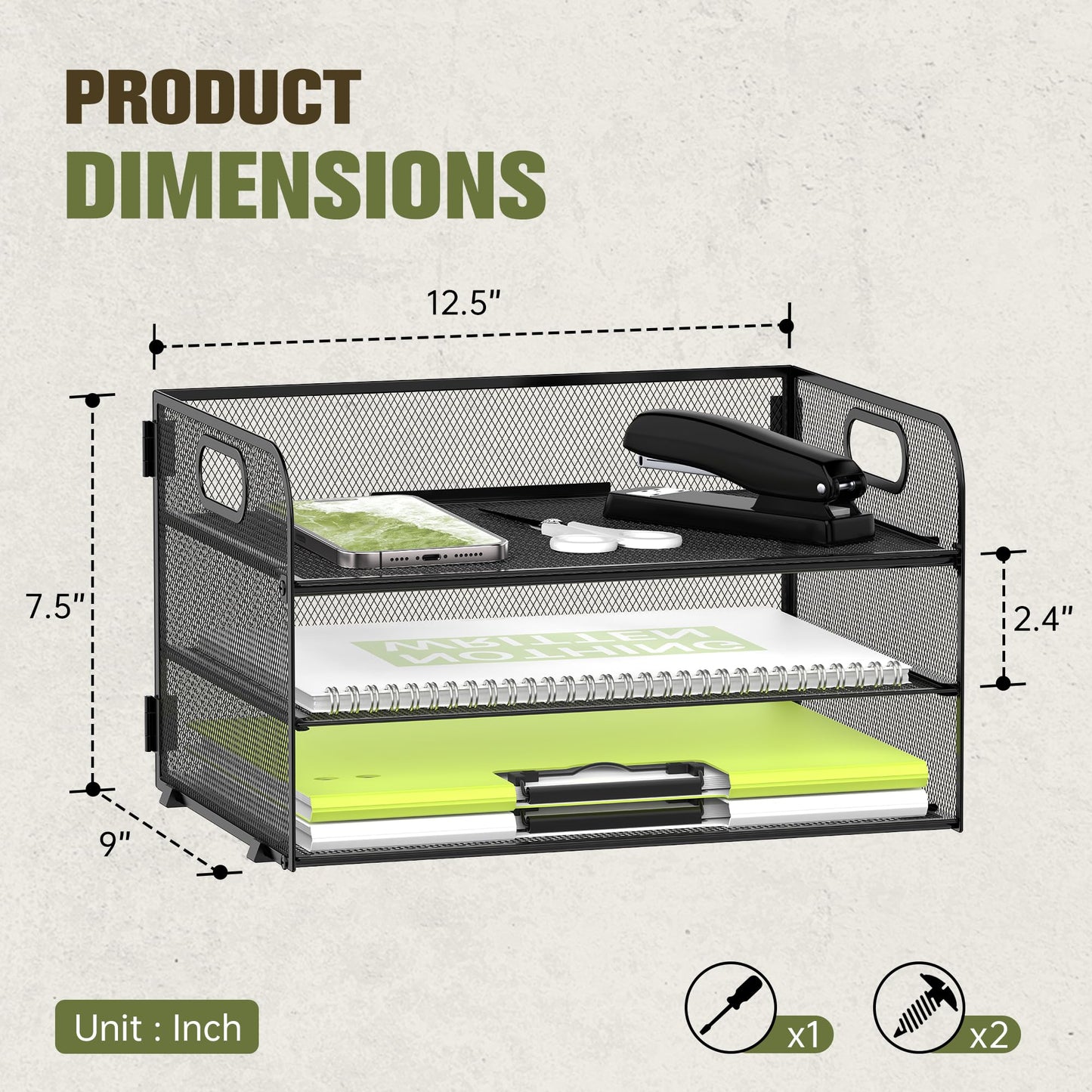 DALTACK 3 Tier Paper Organizer with Handle, Mesh Metal Desk Organizer with Sliding Paper Trays for Letter/A4 Paper, Mail, Bills & Folders, Black