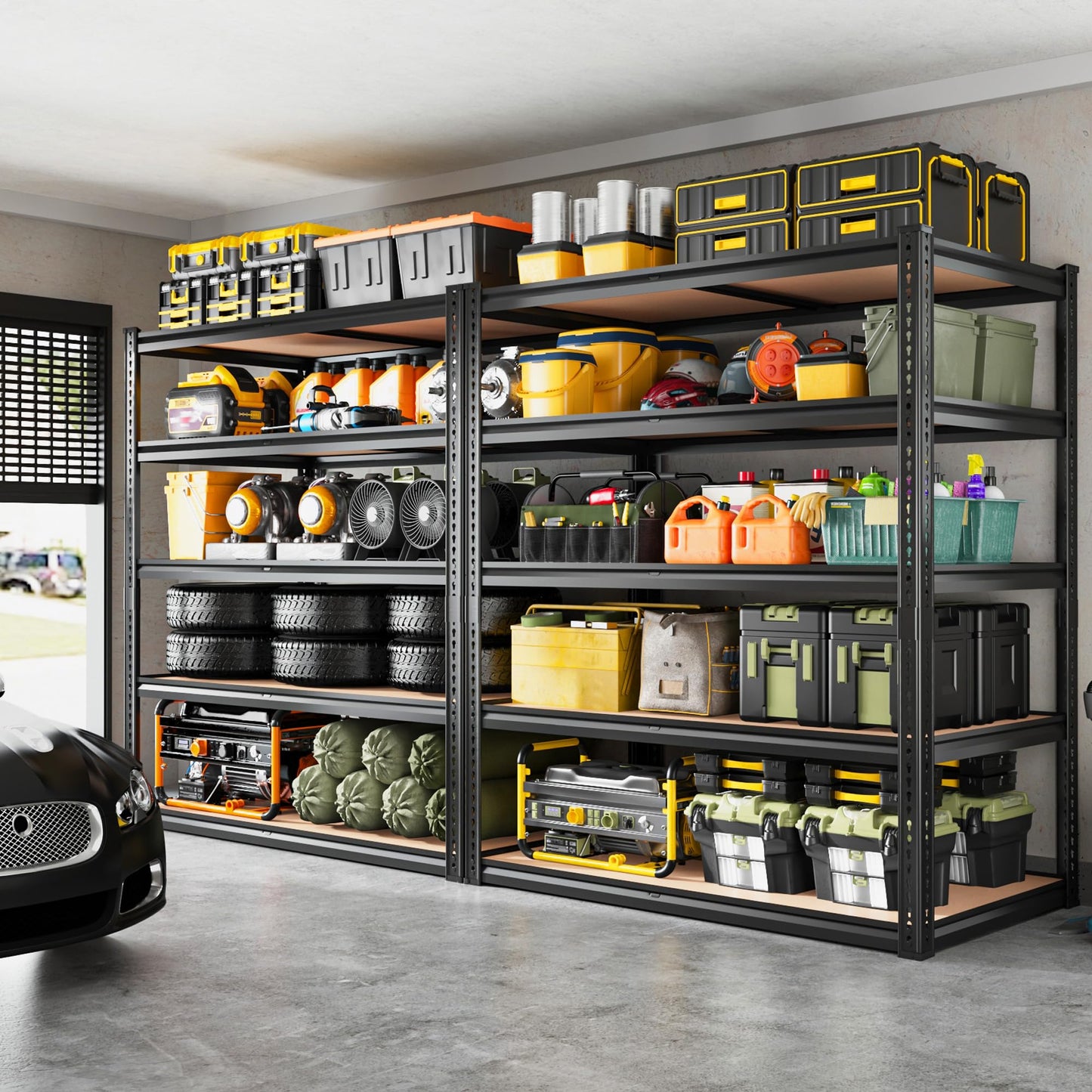 ROOMFAVE 72" H Storage Shelves 5 Tier Garage Shelving Heavy Duty,2050LBS Adjustable Metal Shelving Unit, Garage Shelves for Basement, Warehouse, Pantry, Closet, 72" H x 35.5" W x 16" D, Black,2PCS