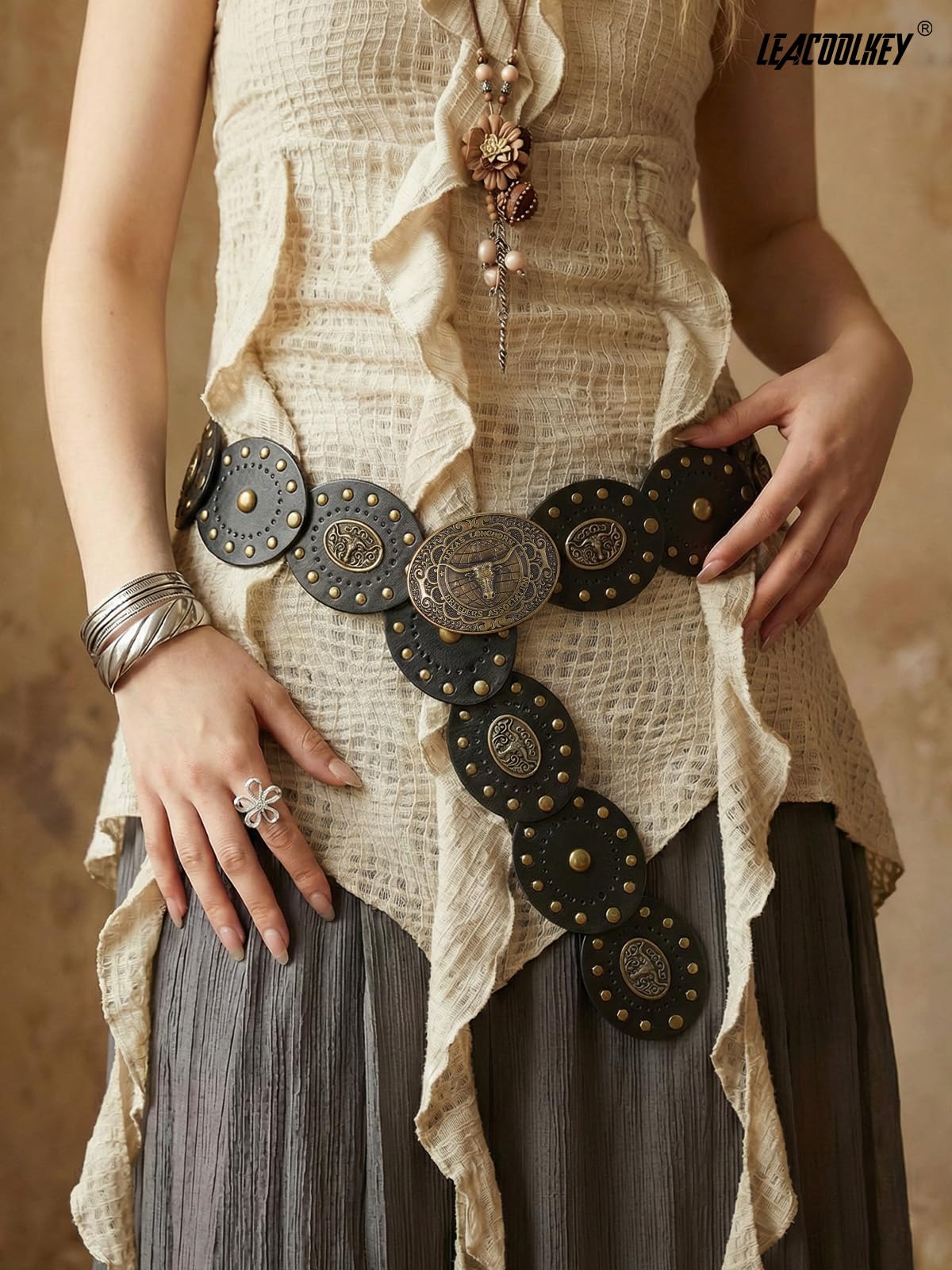 LEACOOLKEY Women's Boho Disc Belt Cowboy Wide Western Concho Leather Belt for Dresses Jeans Pants