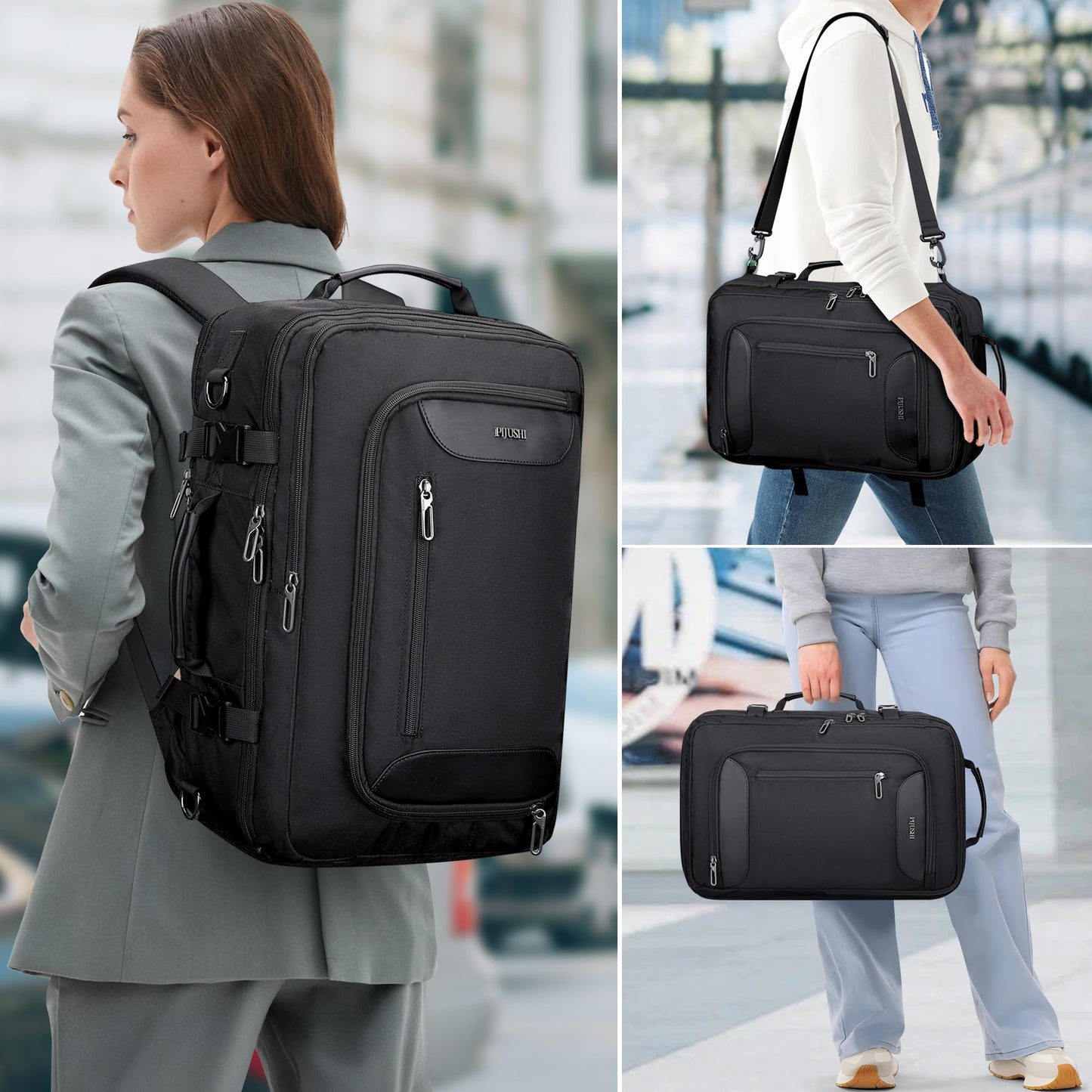 PIJUSHI Travel Backpack for Women Convertible Carry-On with Shoe Compartment Fits 16" Laptop TSA-Friendly for Work, Trips(PE038 Black)