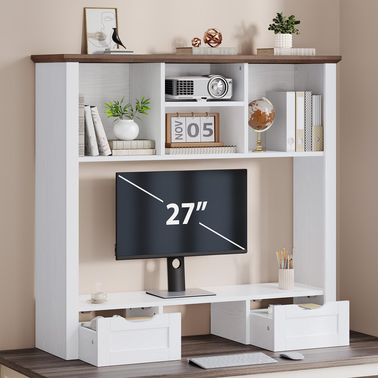 Homiflex Desk Shelf with Computer Monitor Stand, 37.4''W Desktop Bookshelf Display Rack, Desktop Organizer Storage Rack with Cubbies & Drawers, 5-Tier Hutch for Home, Office, Dorm, Vanity, White&Brown