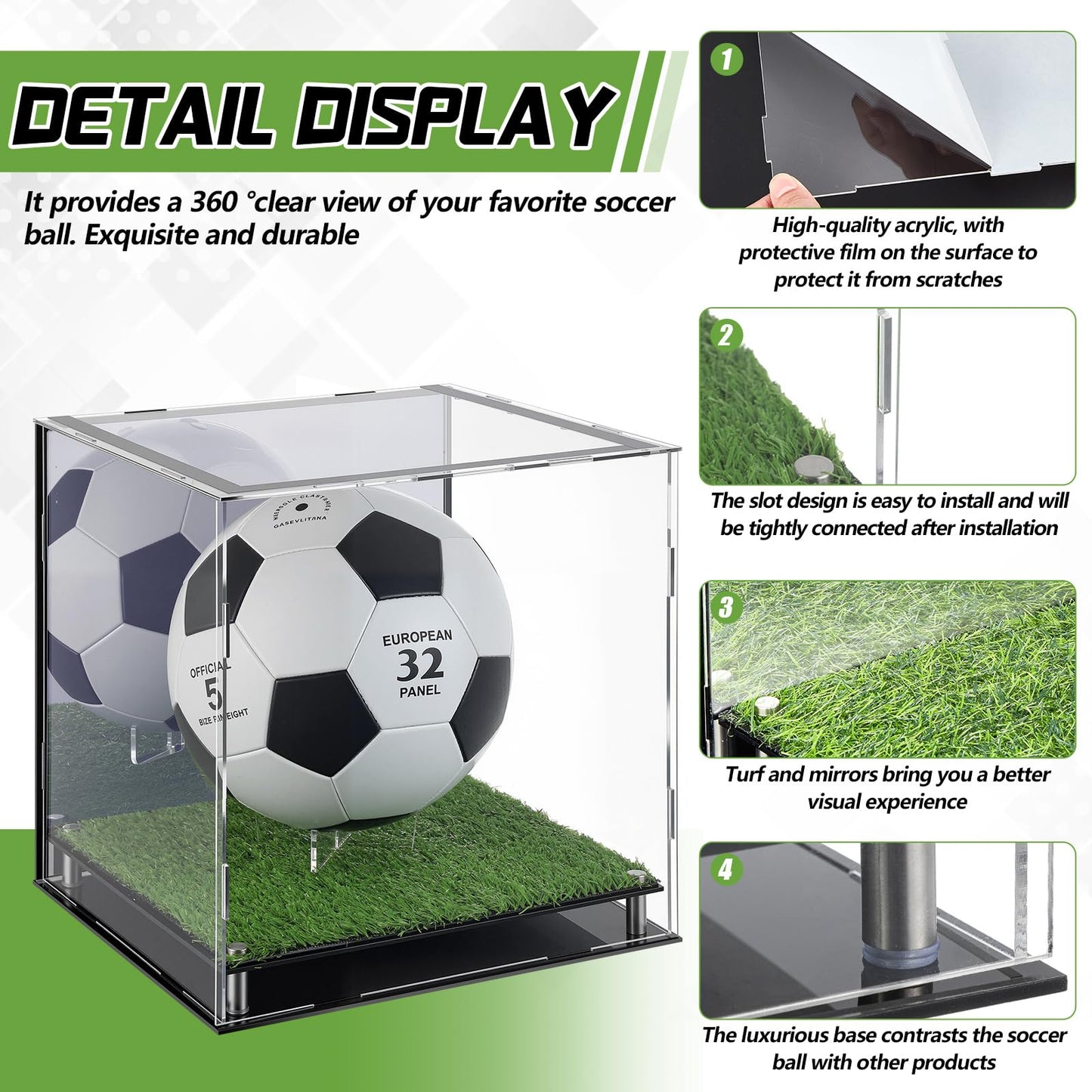 Geelin Soccer Ball Display Case with LED Light, 12" x 11" x 10.5" Light up Acrylic Clear Display Case Box with Mirror Back and Turf Grass, Storage Cube for Soccer Ball Memorabilia Collector Gift