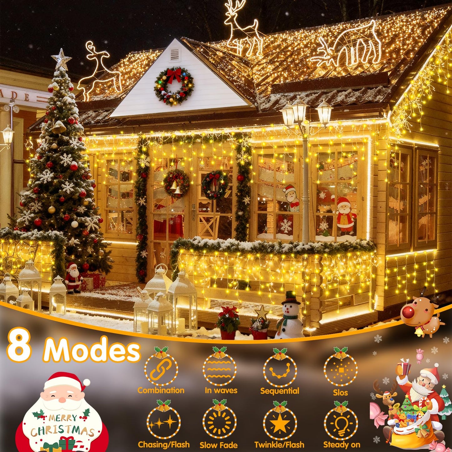 Hezbjiti Outdoor Christmas Lights, 400LED Ice Lights 33FT LED Fairy String Lights with 8 Modes and 75 Drops for Eaves, Party, Yard, Garden Decor（Warm White）