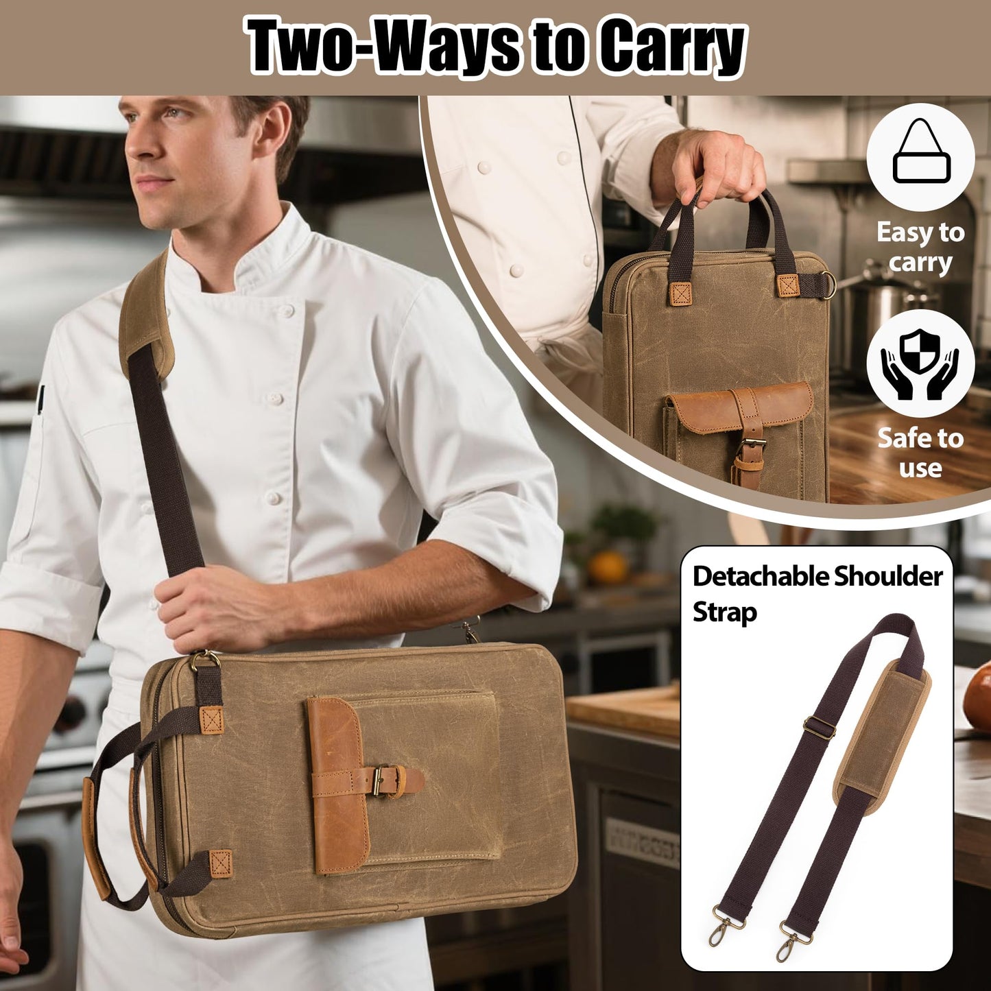 Damero Chef Knife Bag, Waxed Canvas Chef Storage Bag with 11 Slots and 2 Mesh Pockets, Knife Carrier Travel Knife Bag with Top Handles and Detachable Shoulder Strap for Kitchen Tools & Chef Utensils
