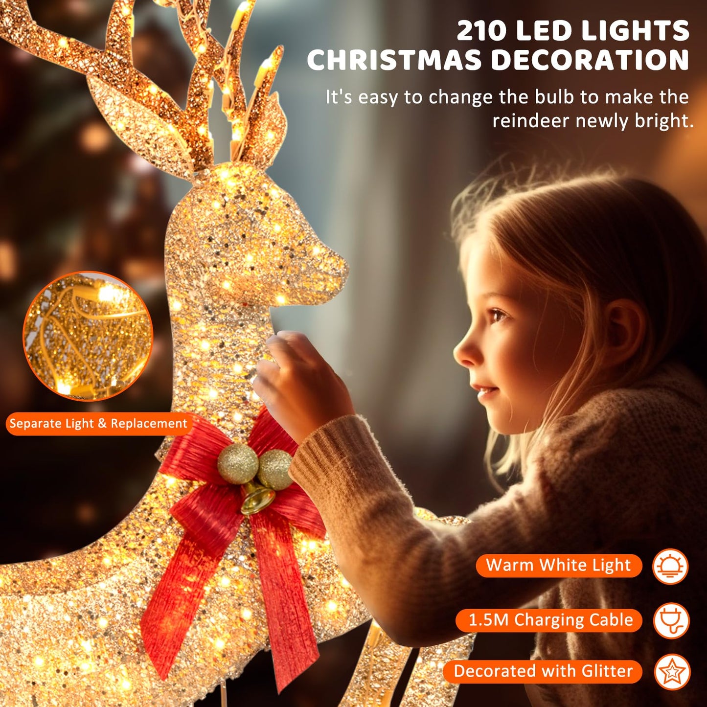 LOENIY 3-Piece Lighted Reindeer Christmas Decoration with 210 Warm White LED Lights, 5FT 3D Glittered Christmas Deer Family Set Outdoor Decorations, Plug in Deer Decor for Lawn Yard Patio Garden