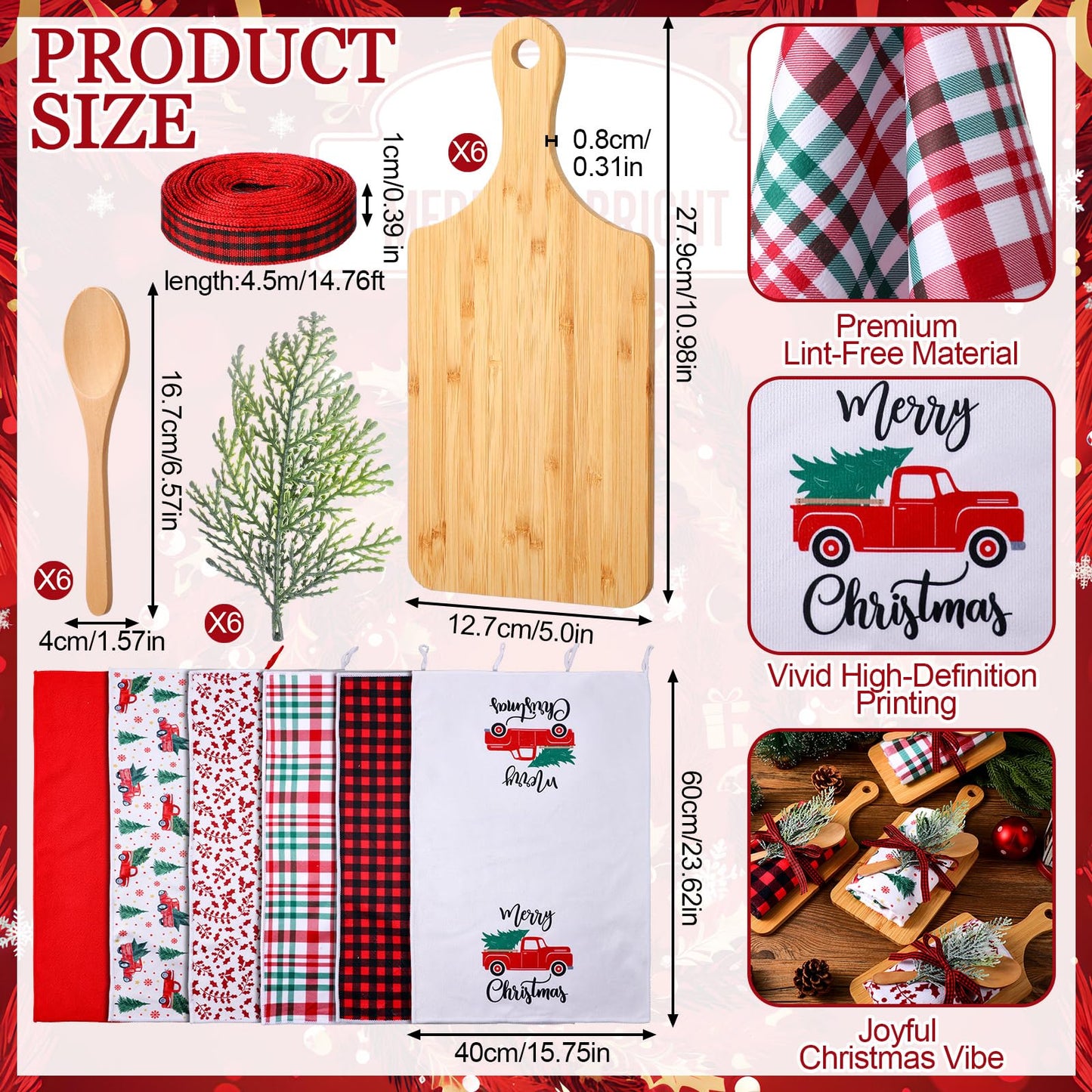 Leinuosen 6 Sets Christmas Cutting Board Set Christmas Kitchen Gifts Bulk Charcuterie Boards with Cooking Spoons Red Buffalo Check Towels Ribbon and Pine Gift for Holiday Housewarming(Classic)