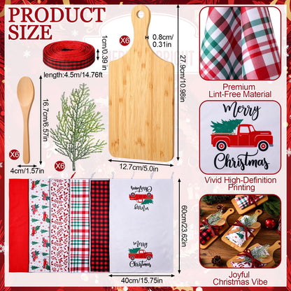 Leinuosen 6 Sets Christmas Cutting Board Set Christmas Kitchen Gifts Bulk Charcuterie Boards with Cooking Spoons Red Buffalo Check Towels Ribbon and Pine Gift for Holiday Housewarming(Classic)