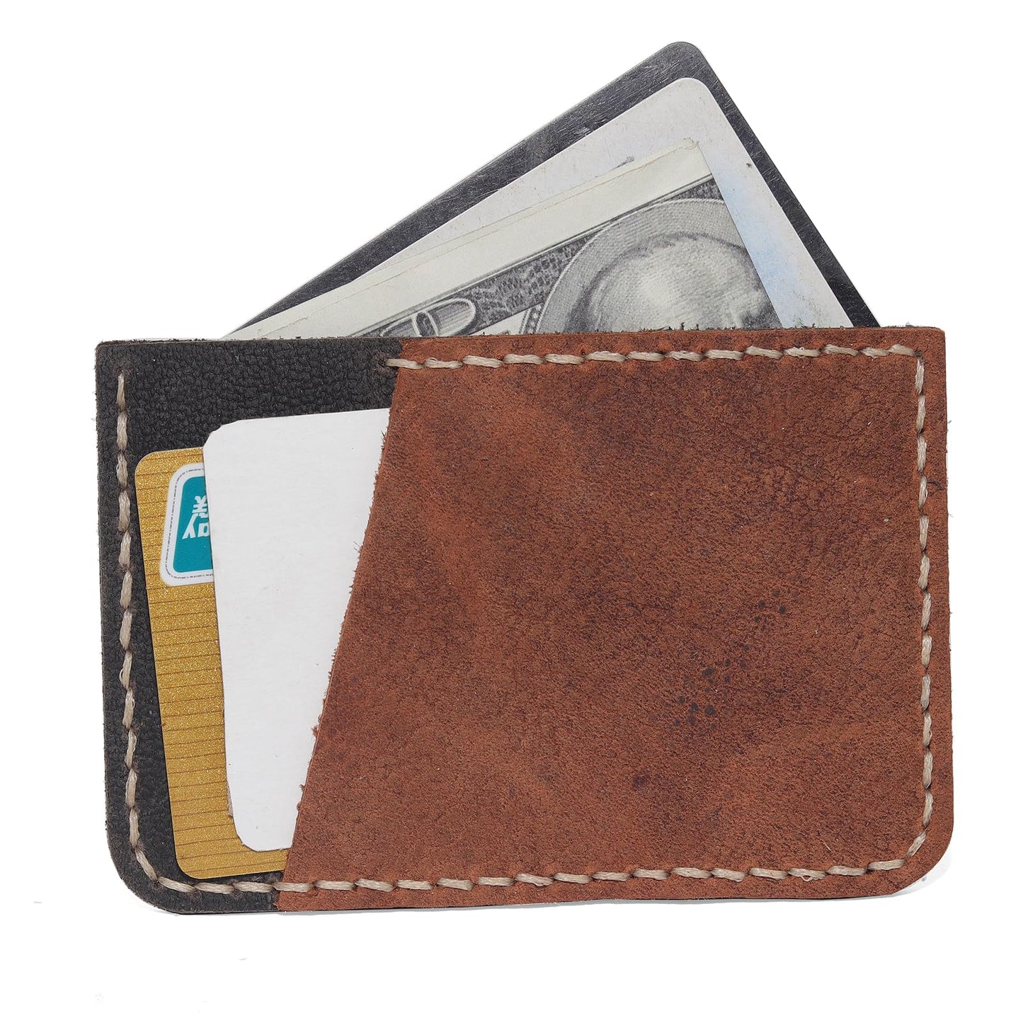 Handmade Genuine Leather Slim Front Pocket Wallet for Men & Women - Ultra Thin Minimalist Card Holder with Cash Slot (4.2×2.8×0.1 inches) - Brown & Black Contrast Design, Perfect Everyday Carry & Gift