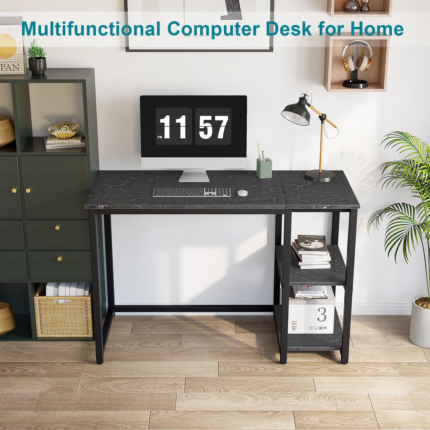 SINPAID Computer Desk 40 inches with 2-Tier Shelves Sturdy Home Office Desks with Large Storage Space Modern Gaming Desk Study Writing Laptop Table, Black Marble