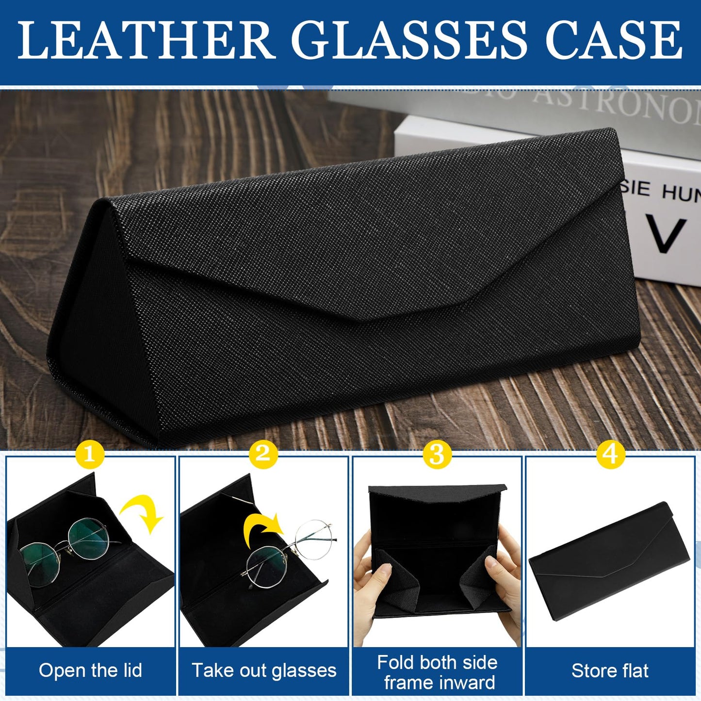 Flutesan 4 Pack Foldable Glasses Sunglasses Case PU Hard Shell Collapsible Eyeglasses Leather Case 4 Cleaning Cloths(Black Color)