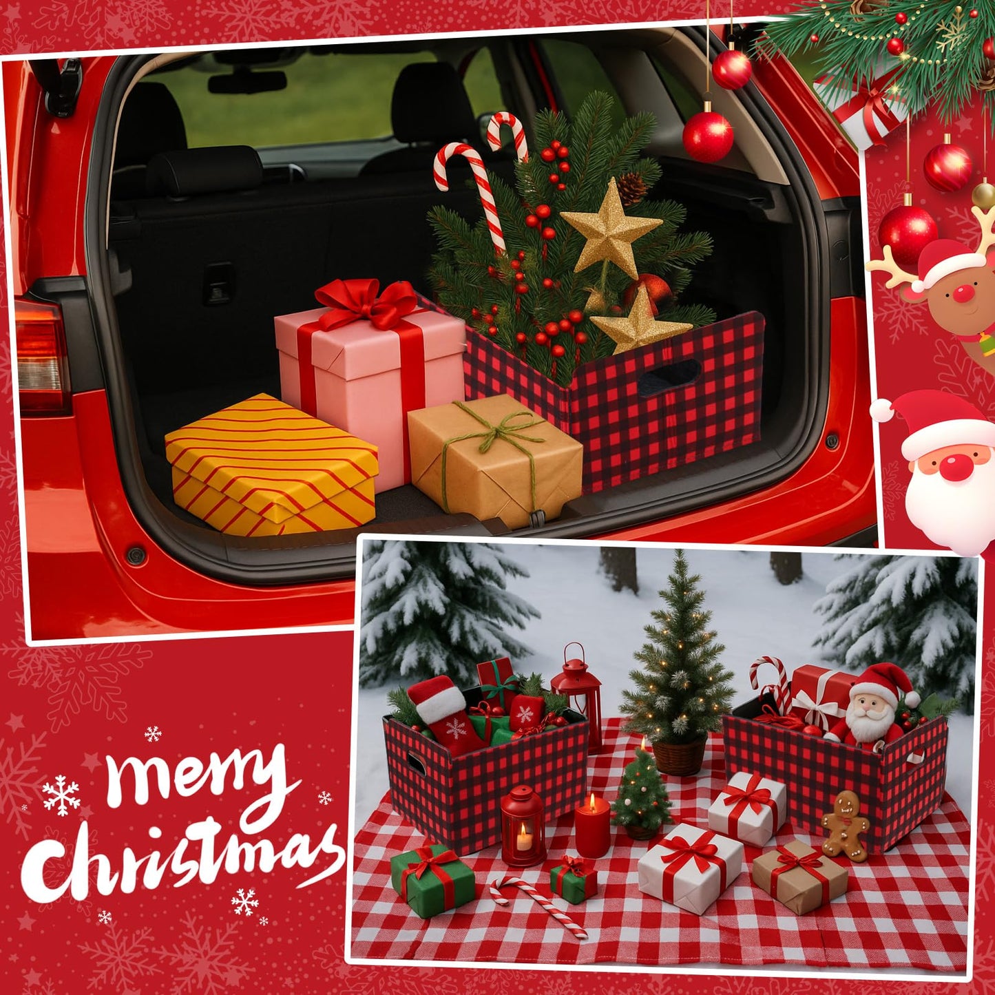 FoldTier 3 Pcs Large Christmas Baskets for Gifts Empty Collapsible Buffalo Plaid Felt Storage Basket Red Black Christmas Bins Xmas Organizer Box for Holiday Gift Snack Toys Pet Home Bedroom Office