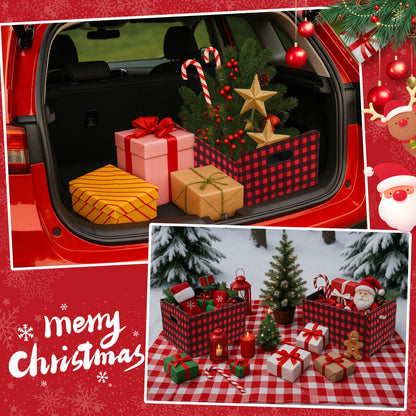 FoldTier 3 Pcs Large Christmas Baskets for Gifts Empty Collapsible Buffalo Plaid Felt Storage Basket Red Black Christmas Bins Xmas Organizer Box for Holiday Gift Snack Toys Pet Home Bedroom Office