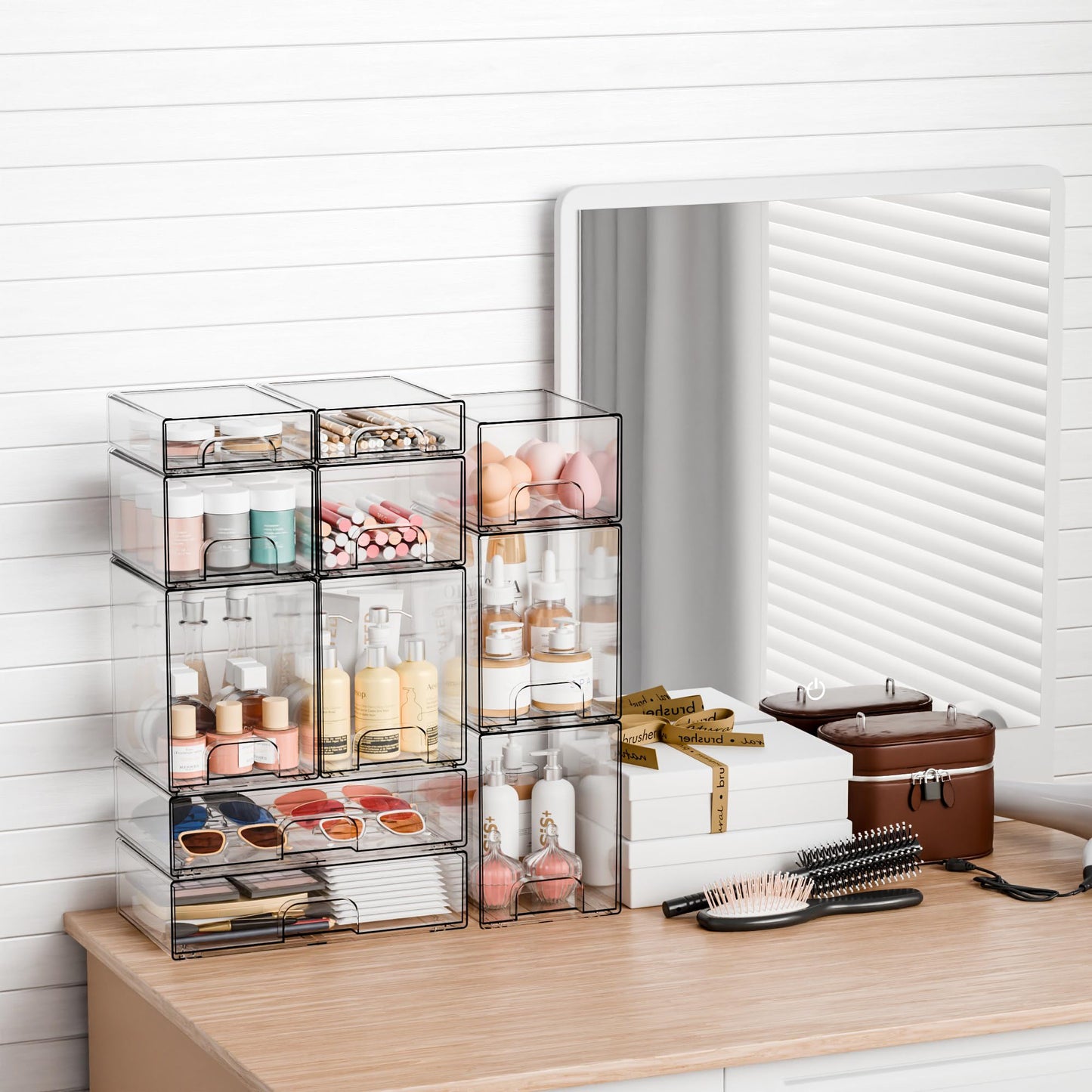 Yieach 4 Pack Clear Stackable Storage Drawers,4.4'' Tall Acrylic Drawer Containers for Organizing,Bathroom Organizers and Storage Bin Box,Plastic Makeup,Medicine Organizer Bins for Cabinet,Undersink
