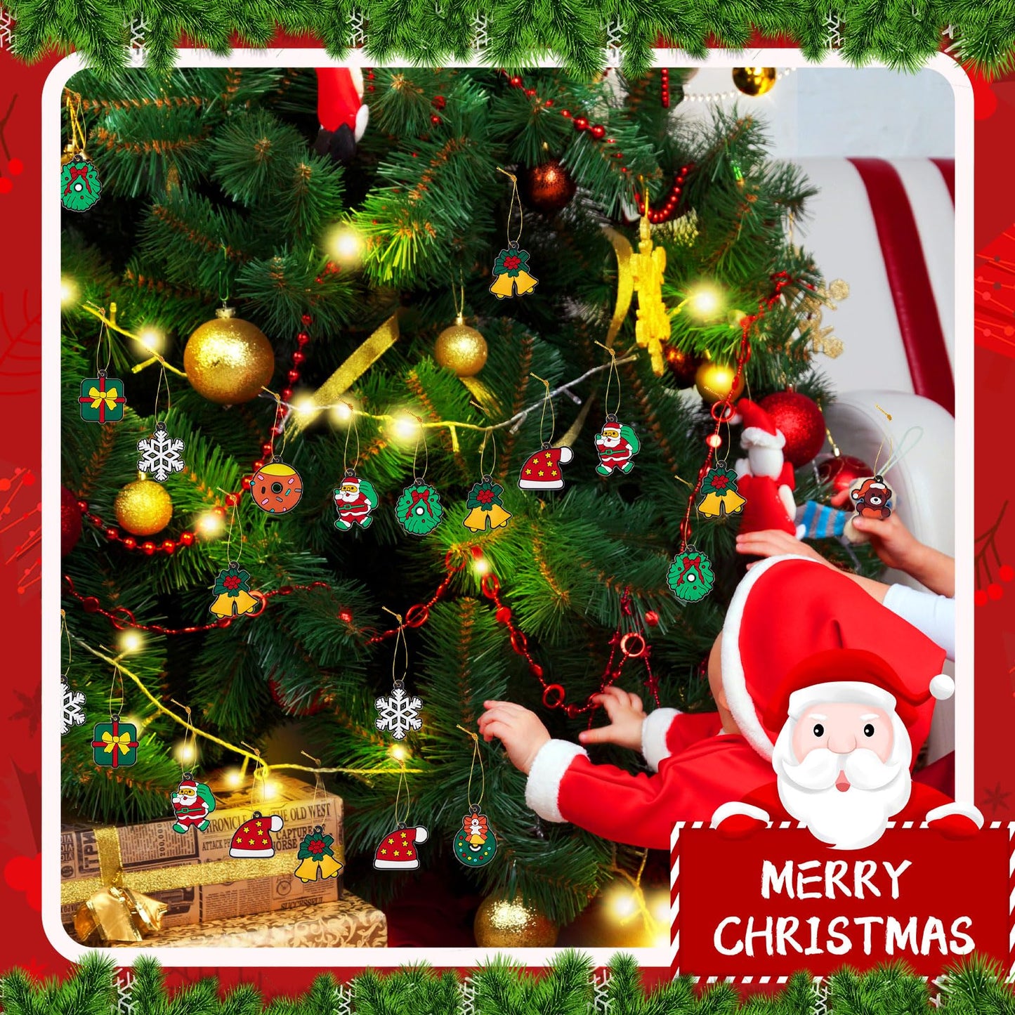 Syhood 63 Pcs Mini Christmas Tree Ornaments Set Decoration Gadget Small Skirt Star Topper Miniature Hanging Ornament with Light for Holiday Xmas