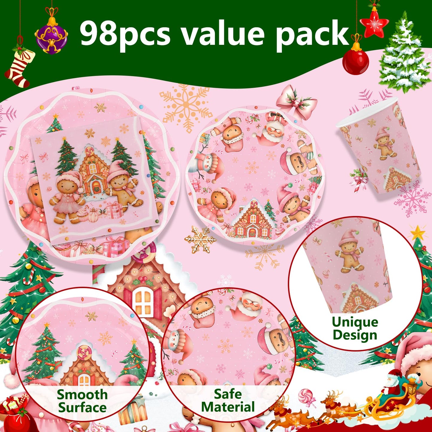 Arosche Christmas Gingerbread Party Decorations Set for 24-Disposable Paper Plates and Napkins, Cups, Garland, Tablecloths, Merry Christmas Party Supplies for Xmas Winter Birthday Table Decor