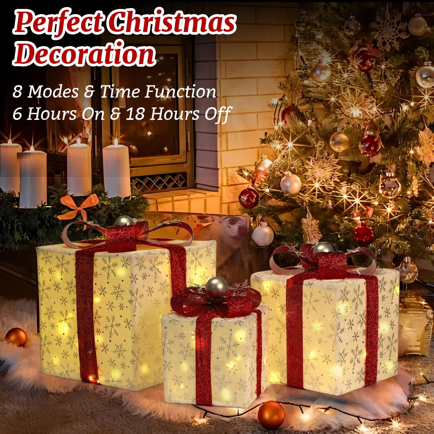 Set of 3 Christmas Lighted Gift Boxes, 60 LED Christmas Lighted Gift Boxes, Presents Box with Silver Christma Ball Ornaments for Xmas Tree, Yard, Home, Indoor Outdoor Holiday Decor