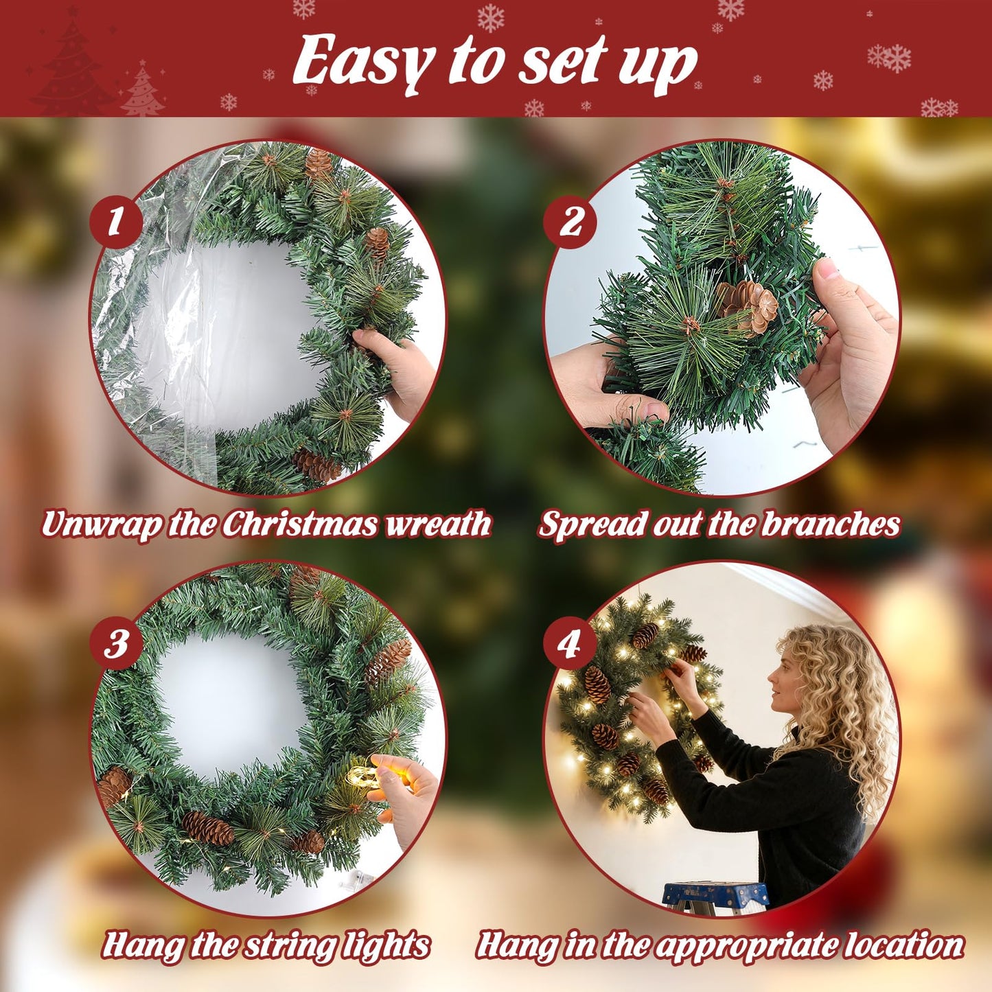 FR Artificial Pre-Lit Fir Christmas Wreath Holiday Accent Decoration, Wintry Pine, Decorated with Pine Cones, with LED Lights Battery Operated for Door, Mantel - 16 Inch
