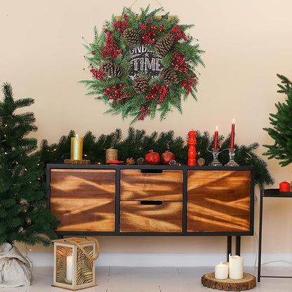 22’’ Artificial Christmas Wreath Norfolk Pine Wreath for Front Door with Pine Needles Red Berries Big Pinecones Christmas Decorations for Winter Farmhouse Wall Indoor Outdoor Home Holiday Xmas Decor