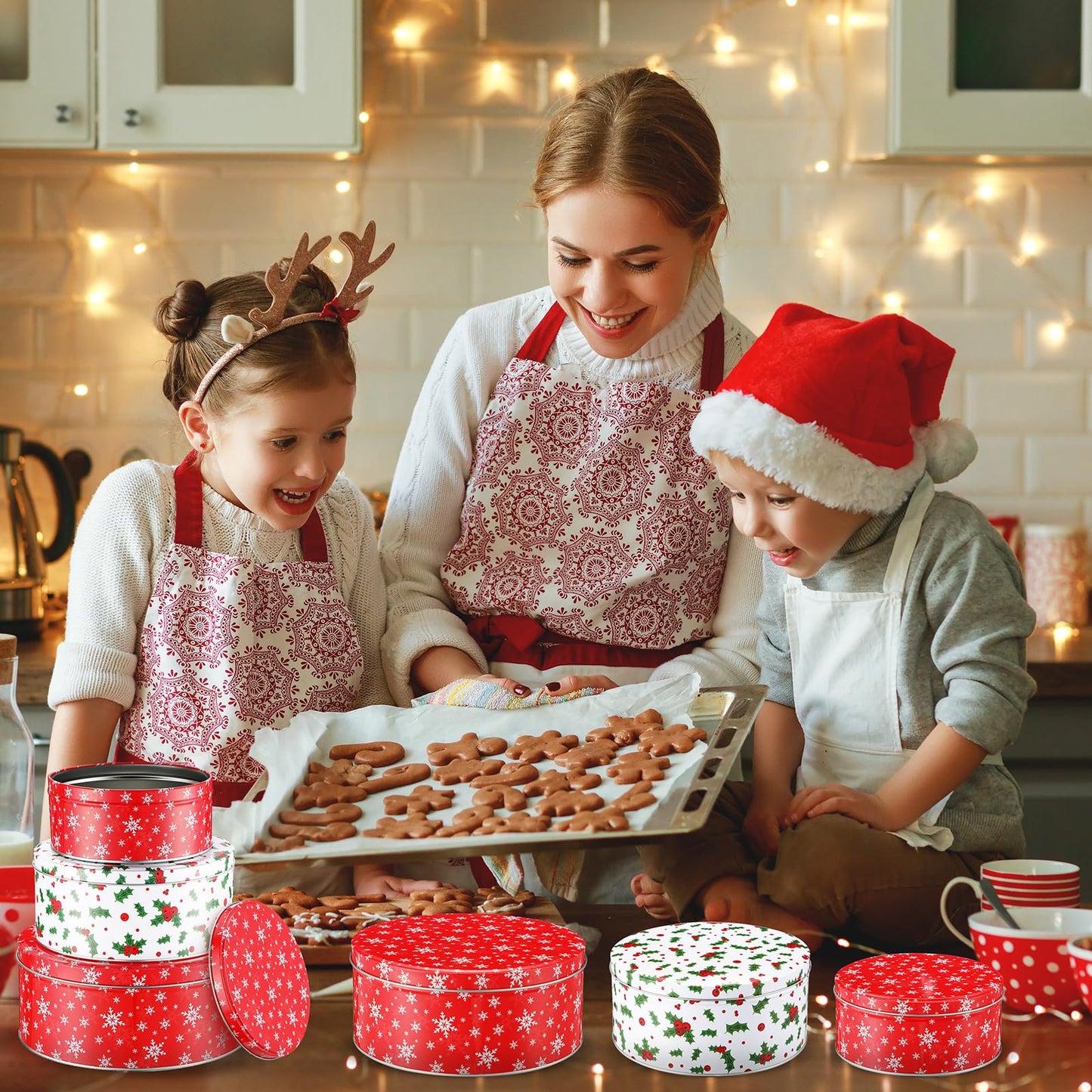 Yaomiao 9 Pcs Christmas Cookie Tins Set 3 Sizes Decorative Cookie Boxes Christmas Tins with Lids Holiday Treats Round Metal Nesting Containers Candy Biscuits Treat Boxes(Snowflakes, Red Berries)
