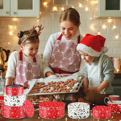 Yaomiao 9 Pcs Christmas Cookie Tins Set 3 Sizes Decorative Cookie Boxes Christmas Tins with Lids Holiday Treats Round Metal Nesting Containers Candy Biscuits Treat Boxes(Snowflakes, Red Berries)
