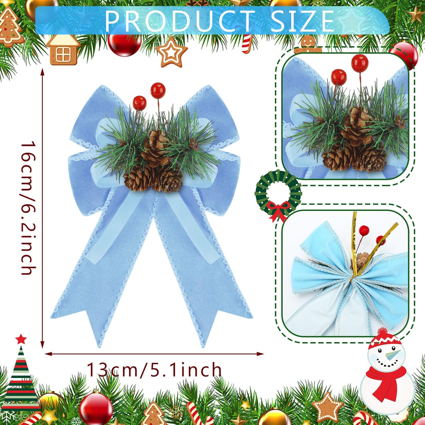 Syhood 6 Pcs Christmas Velvet Bow with Pine Cones Pine Needles Berries Xmas Bright Blue Ribbon Bow Ornaments 6.3 x 5.1 Inch for Christmas Tree Wreath Garden Fireplace Crafts DIY Decor