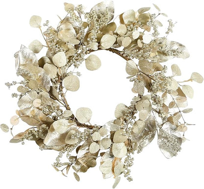 YNYLCHMX 20 Inch Winter Wreath for Front Door, Winter Wreaths with Gold Eucalyptus Leaves and Berries, Artificial Door Xmas Wreaths for Windows Walls Farmhouse Holiday Party Decoration