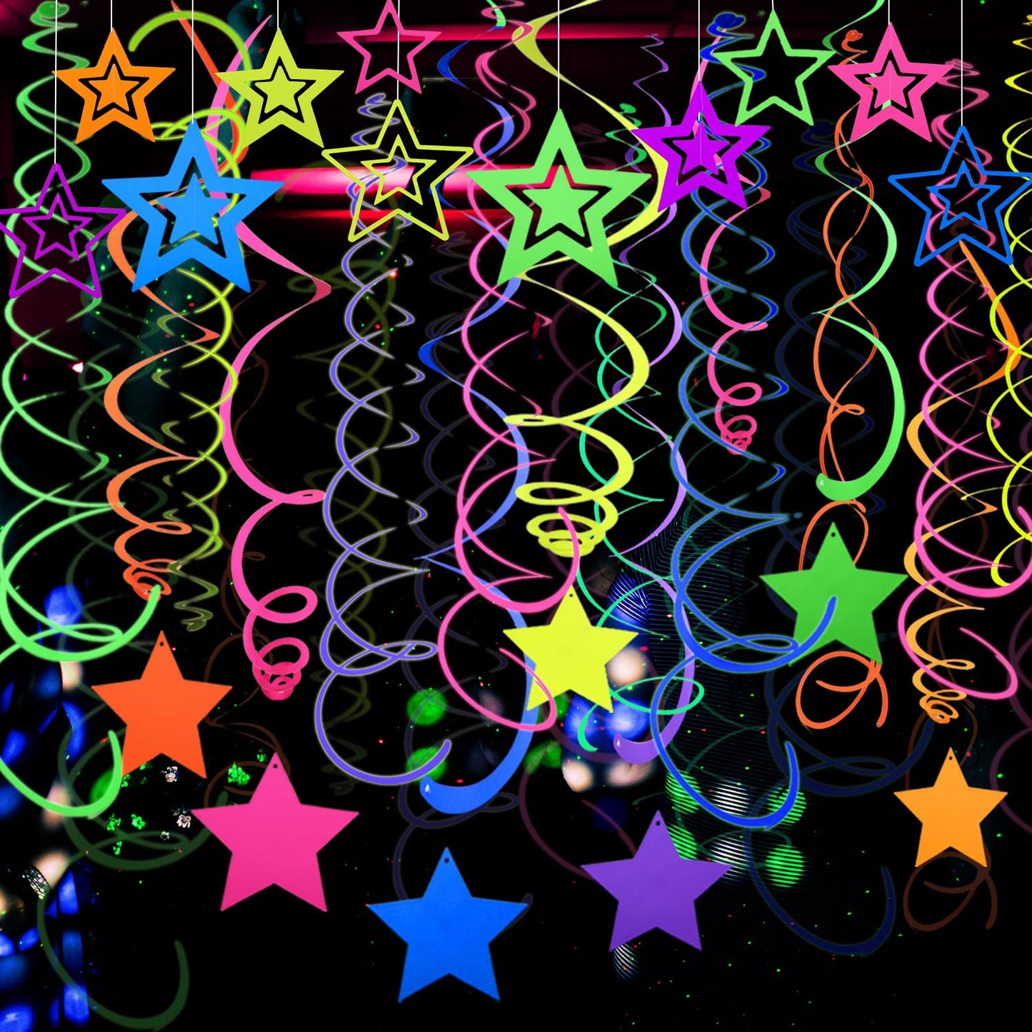 52 PCS UV Neon Rainbow Ceiling Swirl Decoration Hanging Streamer for Ceiling Neon Garlands Black Light Neon Decorations for Dark Glow Party Supplies and Decorations Birthday Party Favors