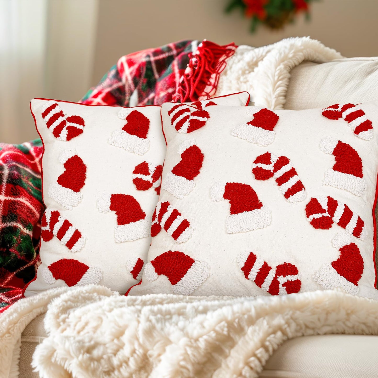 Whaline 2Pcs Christmas Tufted Throw Pillow Covers Red White Xmas Hat Candy Cane Pillow Case Winter Holiday Soft Cushion Cover for Sofa Couch Bed Home, 18 x 18 Inch