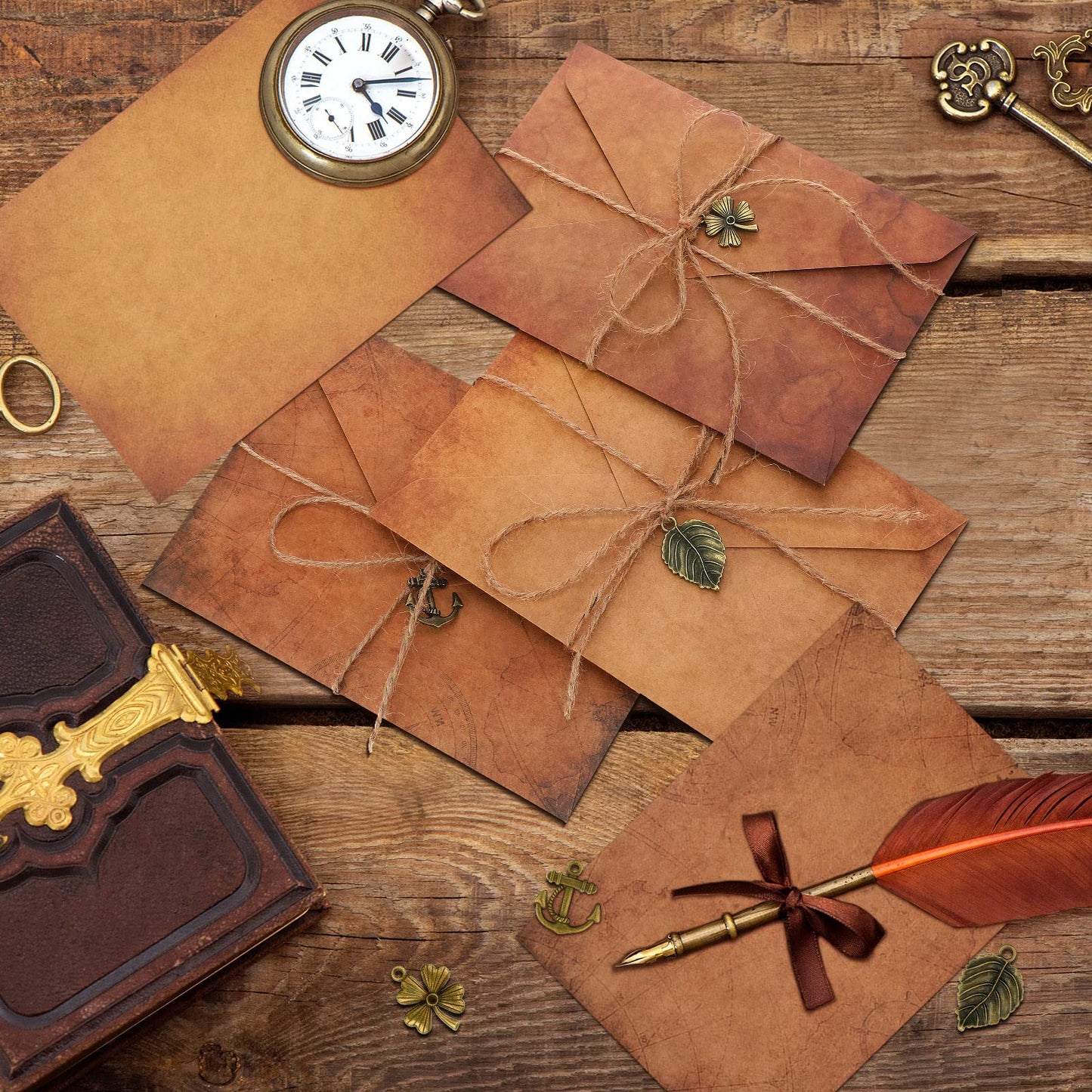 Vintage Stationary Paper and Envelopes Set, Writing Stationery Paper Letter and Envelopes Includes Sheets Antique Letter Papers, Kraft Envelopes, Retro Accessories, Rope (120 Pieces)