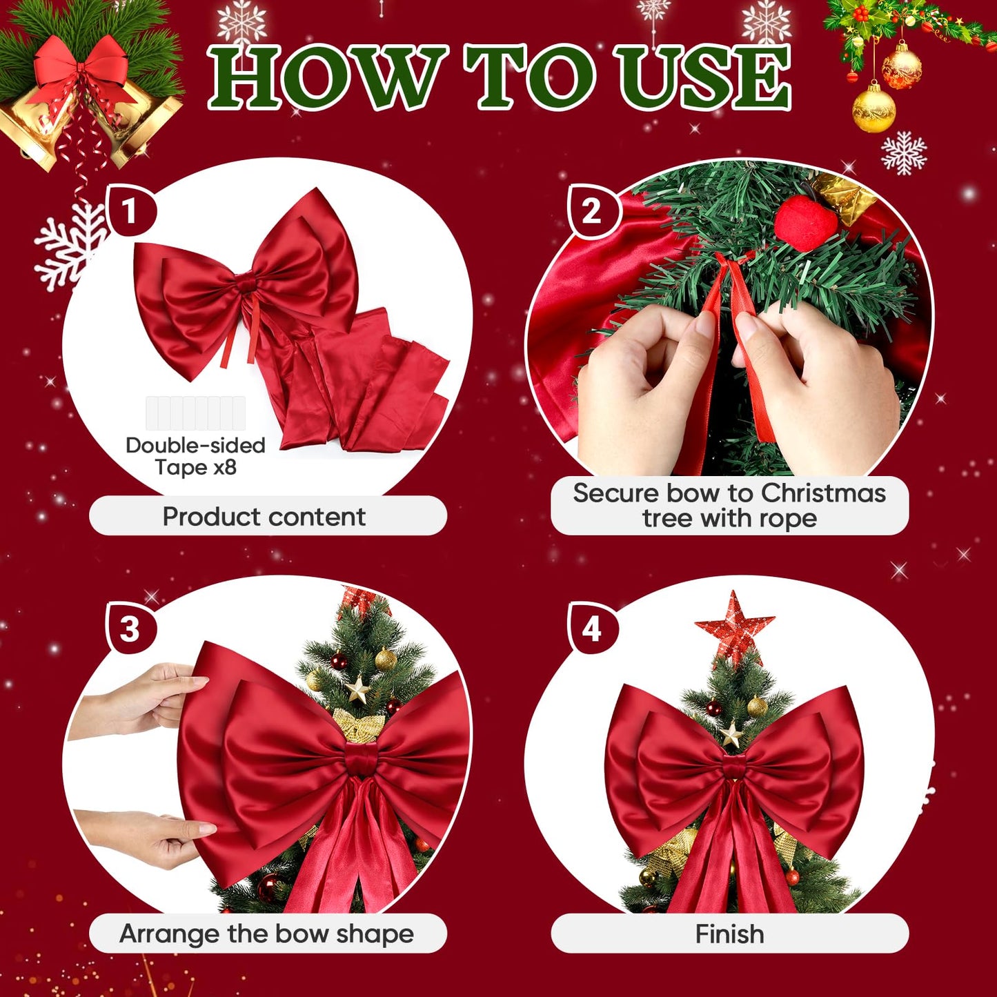 Christmas Tree Topper Bow, Double-Layer Giant Bows Christmas Decorations, Christmas Wreath Bows for Home Wreath Wall Backdrop Birthday Wedding Party Decor (Red Bow, 87 INCH)