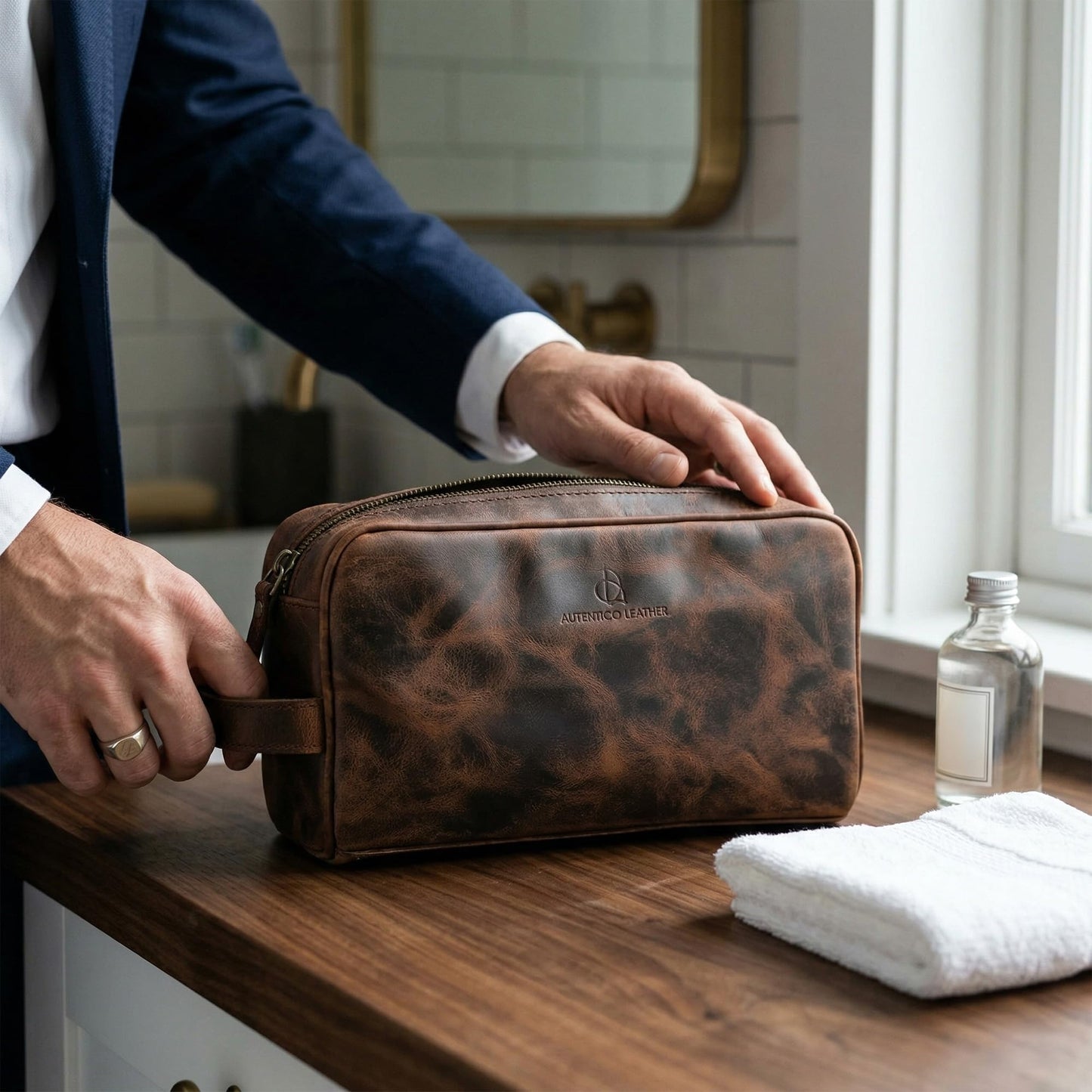 Autentico Leather Toiletry Bag for Men – Genuine Leather Dopp Kit, Travel Organizer for Grooming Essentials, Large Shaving Kit Pouch, Durable Dark Brown Gift for Men