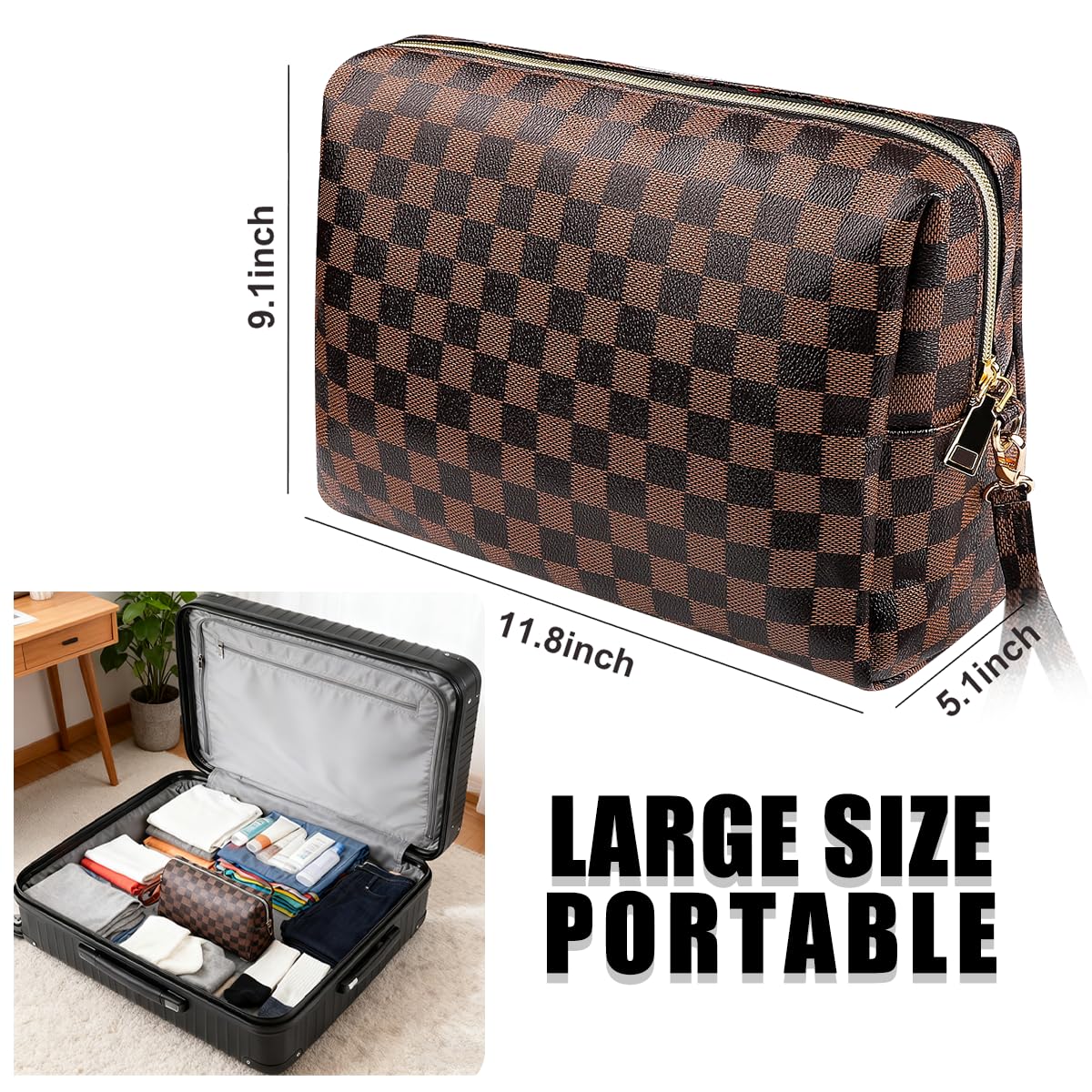 Makeup Bag, Checkered Cosmetic Bags for Women Toiletry Travel Retro Portable Make Up Bags for Christmas Birthday Gifts
