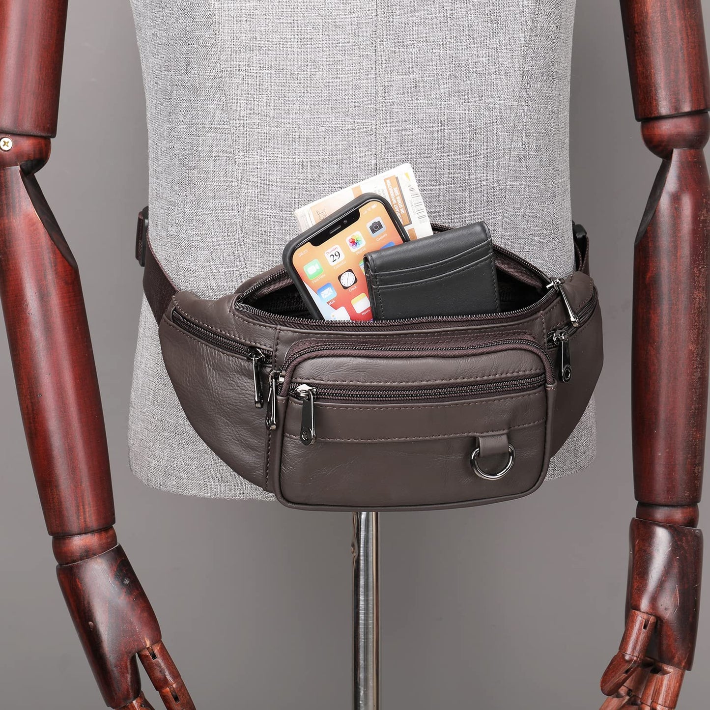 Genuine Leather Fanny Pack HandMade Durable cowhide Waist Bag Lots of Anti-theft zipper pocket Coffee