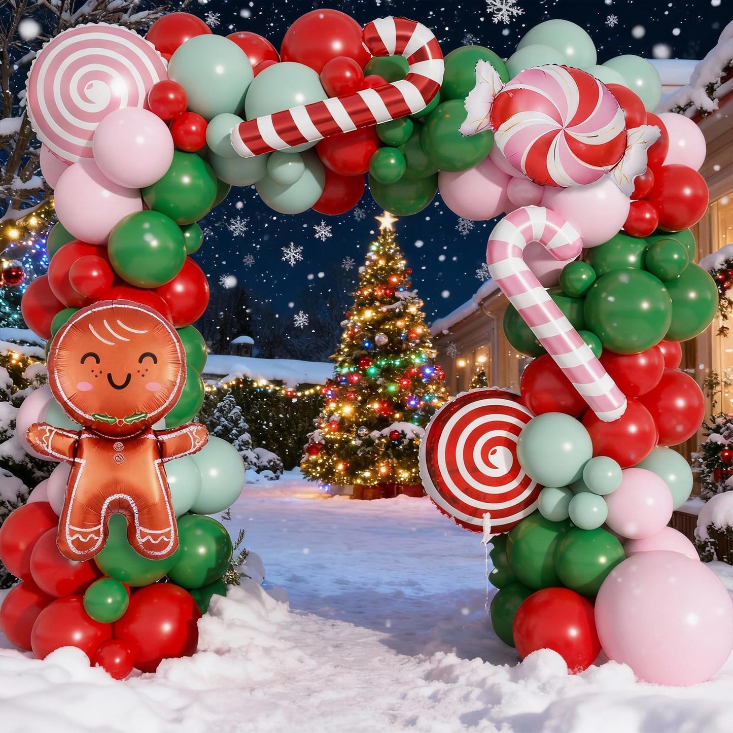 Christmas Balloon Garland Arch Kit, 115 PCS Xmas Balloon Decorations with Pink Red Green Latex Balloons Gingerbread Man Foil Balloons Candy Cane House Helium for Kids Christmas New Year Party Supplies