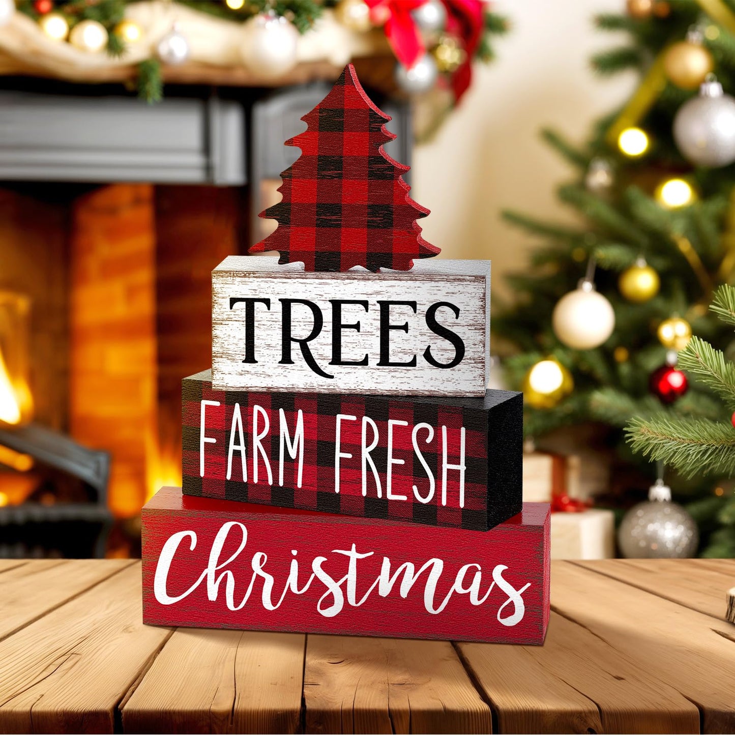 Marsui 4 Pcs Christmas Wooden Tabletop Decor Neutral Christmas Decor Rustic xmas Tree Block Sign Buffalo Plaid Table Centerpiece for Home Office Desk Tiered Tray Farmhouse Decorations