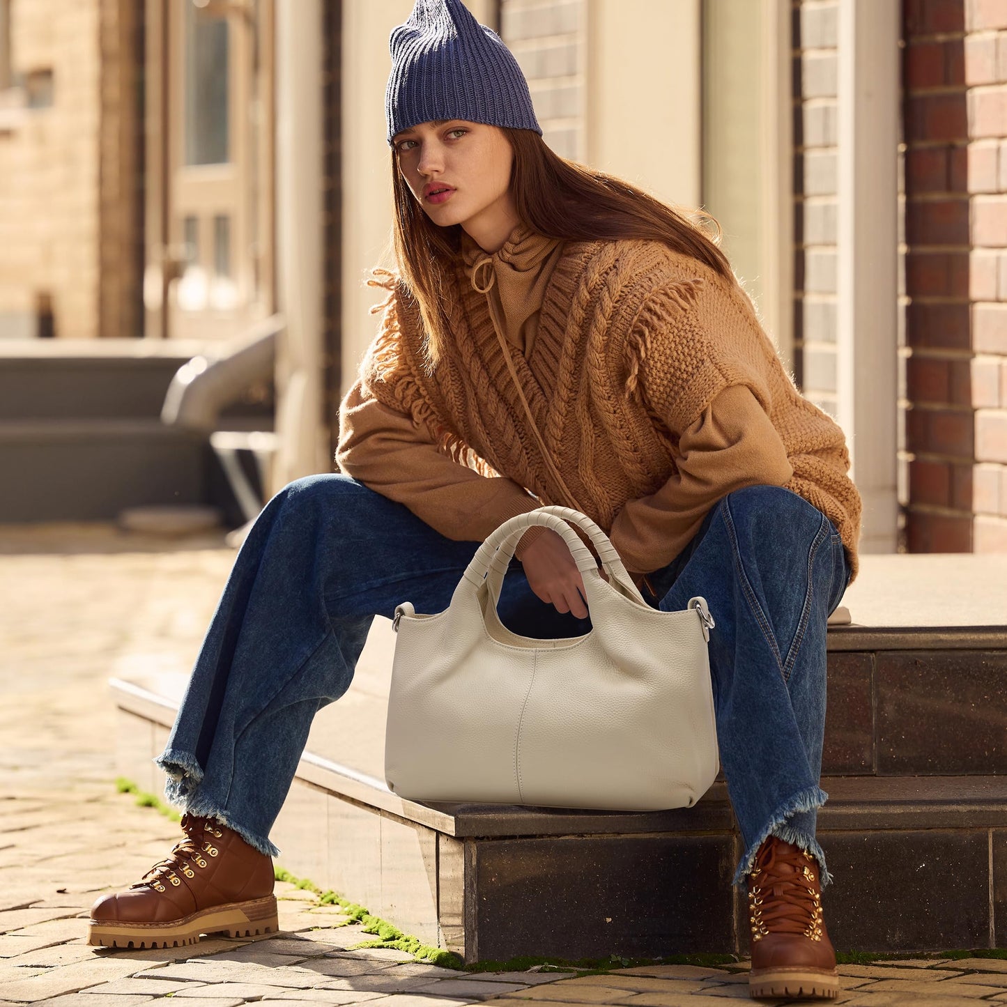 Iswee Genuine Leather Purse Cross Body Shoulder Bags for Women Purses and Handbags Satchel Designer Pocketbooks Hobo Medium Size Tote (Beige)
